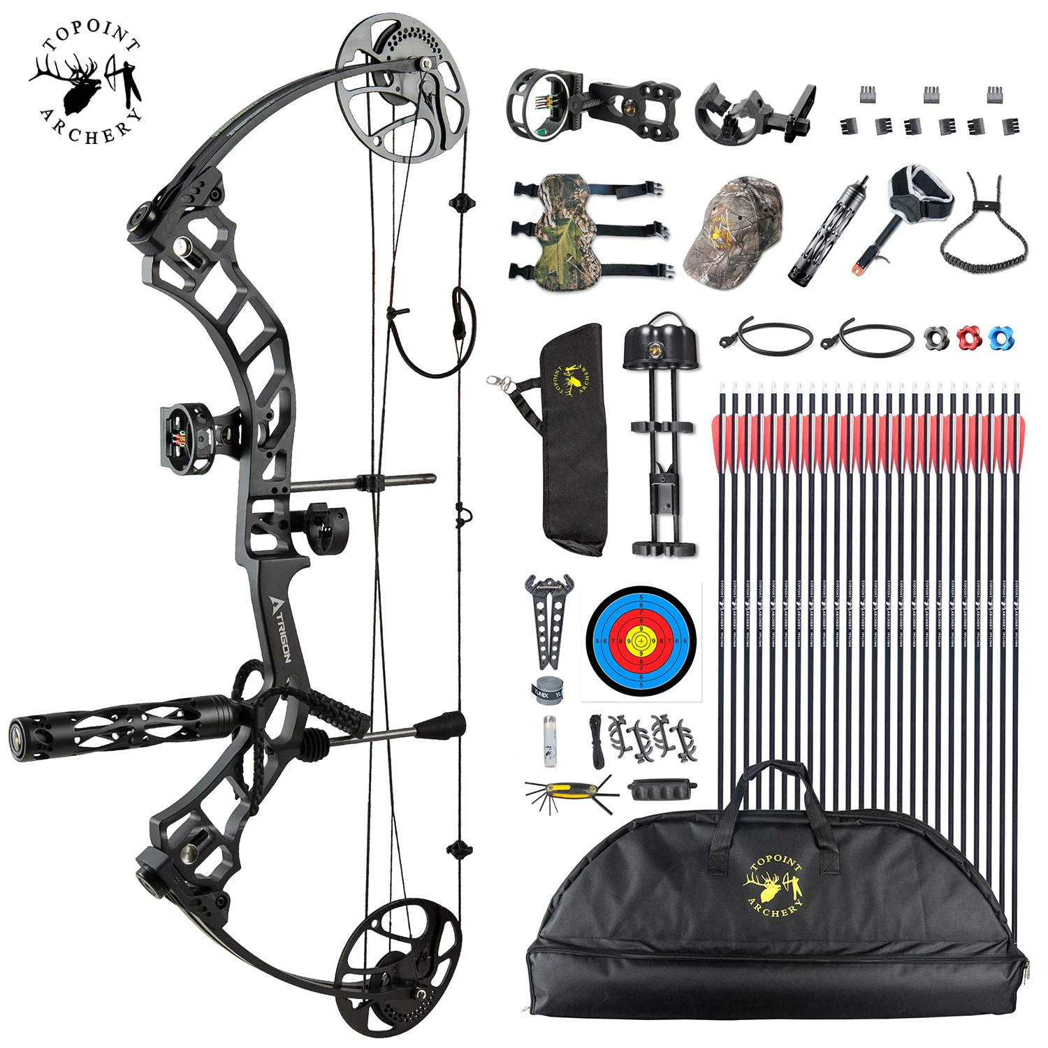 

Topoint Compound Bow Trigon Package,CNC Milling Riser,USA Gordon Composites Limb,BCY String,19"-30",19-70Lbs ibo 320fps