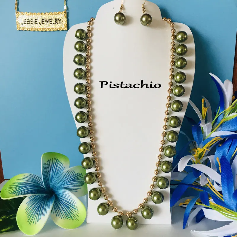 

12mm Long Bridal shell pearl necklace Polynesian jewelry set with drop earring mother's Day gift for woman peacock green rainbow