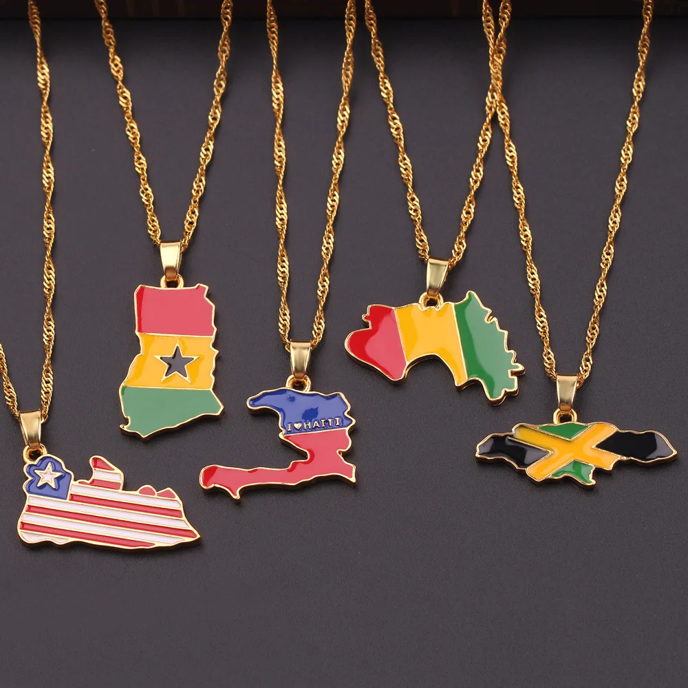 

Country Map Necklace Gold Jamaica Bangladesh Map Pendant Necklace World Map Hot Selling Enamel Necklace Jewelry, Steel color,18k gold