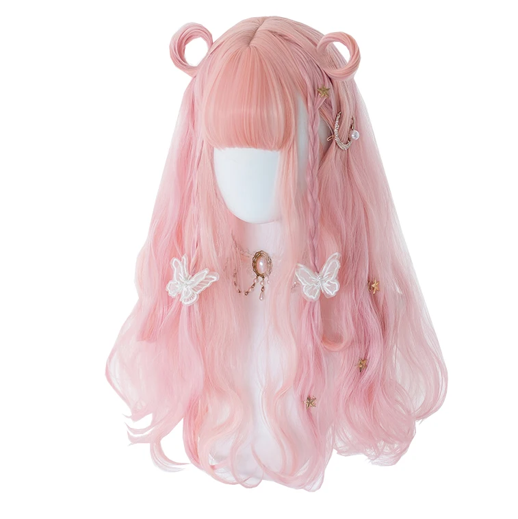 

Cheery Pink Long Curly Synthetic Hair Wig with Bangs Natural Japanese Lolita Cosplay Party Sweet Cute Girls Beauty Wig, Pic showed