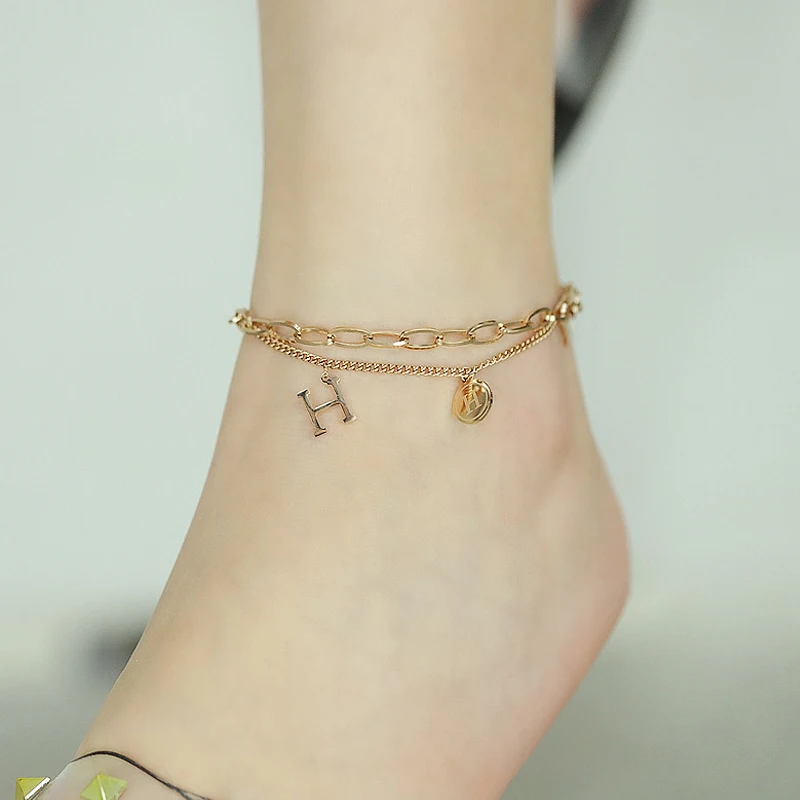 

ORDRM birth year designer summer jewellery stainless steel 18k gold plated anklet with initials ankle bracelet, Rose gold