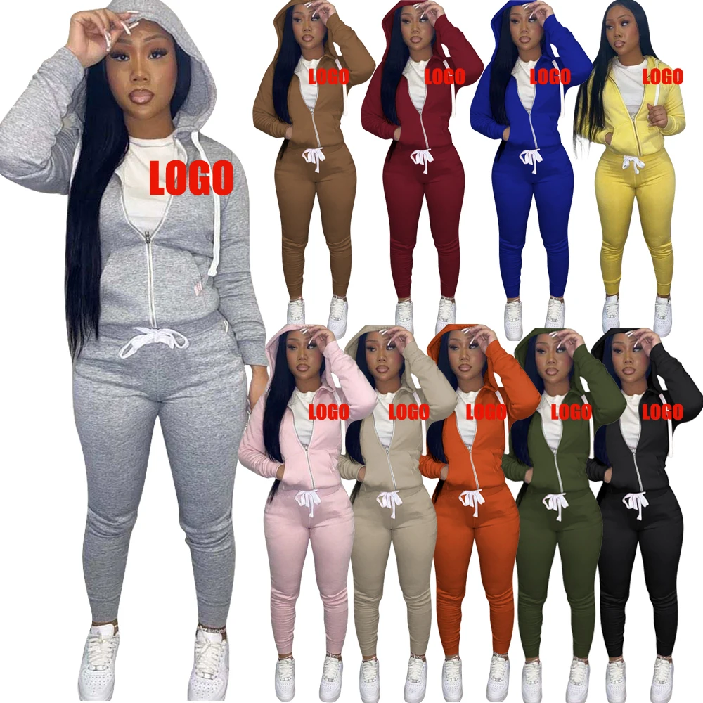 

Small Quantity Custom Women Sweat Suits Solid Jogger Sets Zipper Hoodie Tracksuits Women Two Pieces Pants Set With Logo Joggers, Picture