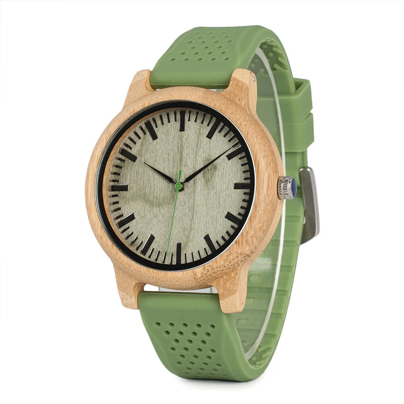 

BOBO BIRD Simple Design Men Watches Japanese Miyota Movement Bamboo Case Wood Watch for Men Silicone Strap Wristwatch, Green dial