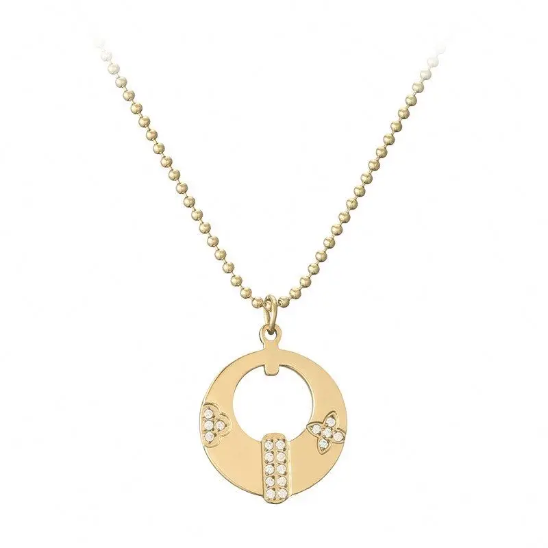 

14K Gold Plated Zircon Flat Stainless Steel Ring Pendant Necklace Jewelry, Gold color