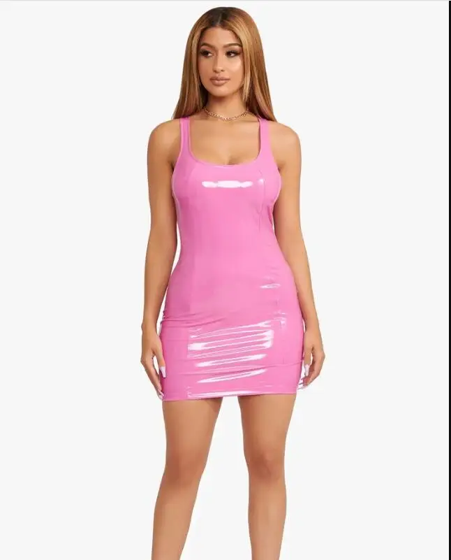 

F30523A PU Leather Sexy Bodycon Dresses Woman Party Night Club Wear Black White Mini Bandage Dress, As picture