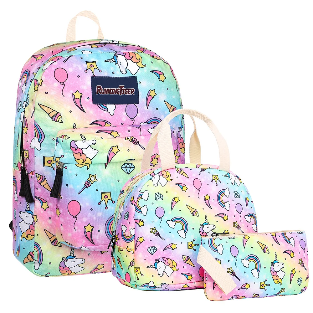 

school bag set including lunch box bag and pencil bag 3 in 1 set unicorn printing unisex student backpack