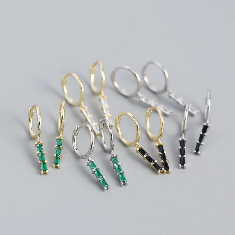 

High Quality 925 Sterling Silver CZ Crystal Square Clip On Earrings Colorful Zircon Geometric Silver Earrings