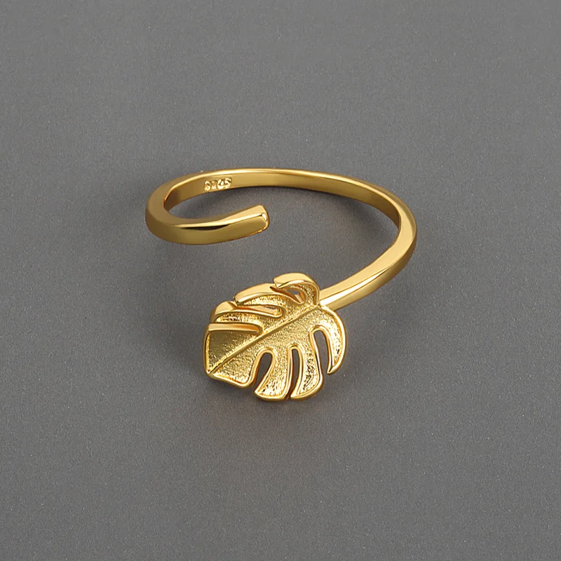 

Korean Style S925 Stamp Ivy Leaf Open Ring 18K Real Gold Plated Monstera Deliciosa Leaves Ring For Girls