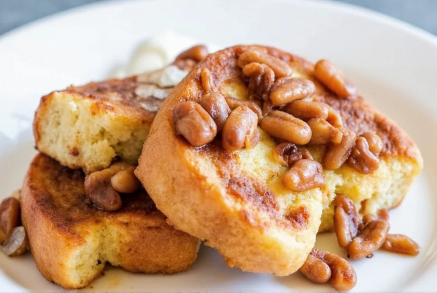 Golden brown cinnamon roll french toast bake with melted glaze drizzled on top, served in a ceramic dish with powdered sugar sprinkled over