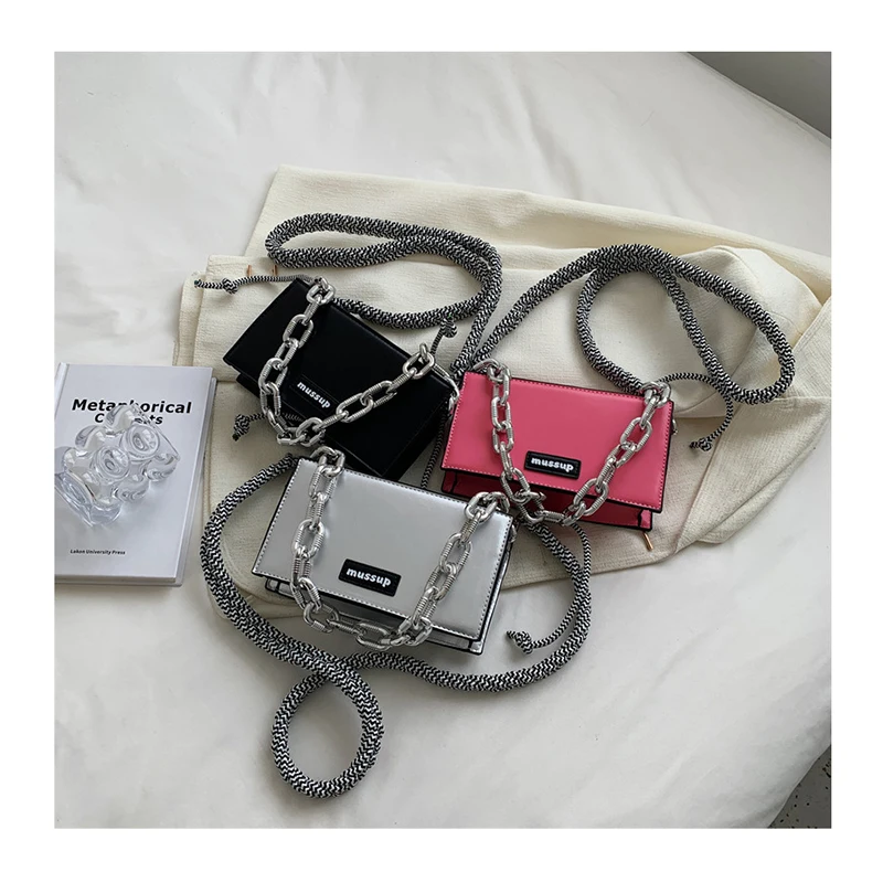 

Thick Rope Chain Flap Crossbody Bags Korean Letters Fashion Small Square Bags Designer PU Leather Shoulder Underarm Bags Bolsas