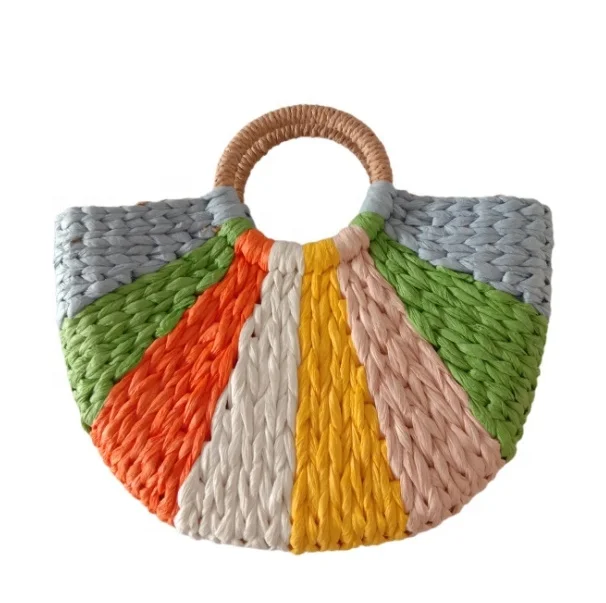 

Low MOQ custom Hand Weaving half round beach straw tote hand bag for summer, Mixed colors
