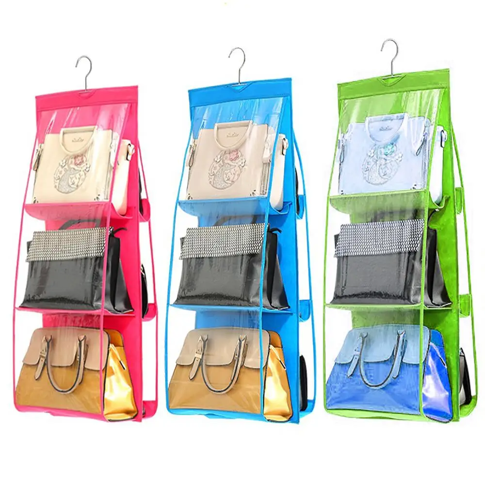 

Wholesale Hot Sale Household Dustproof Hanging Organizer Closet Storages Bag Foldable Nonwoven 6 Poets Handbag Storage, White, red, purple, green, blue, black, pink, sky blue, grey, beige