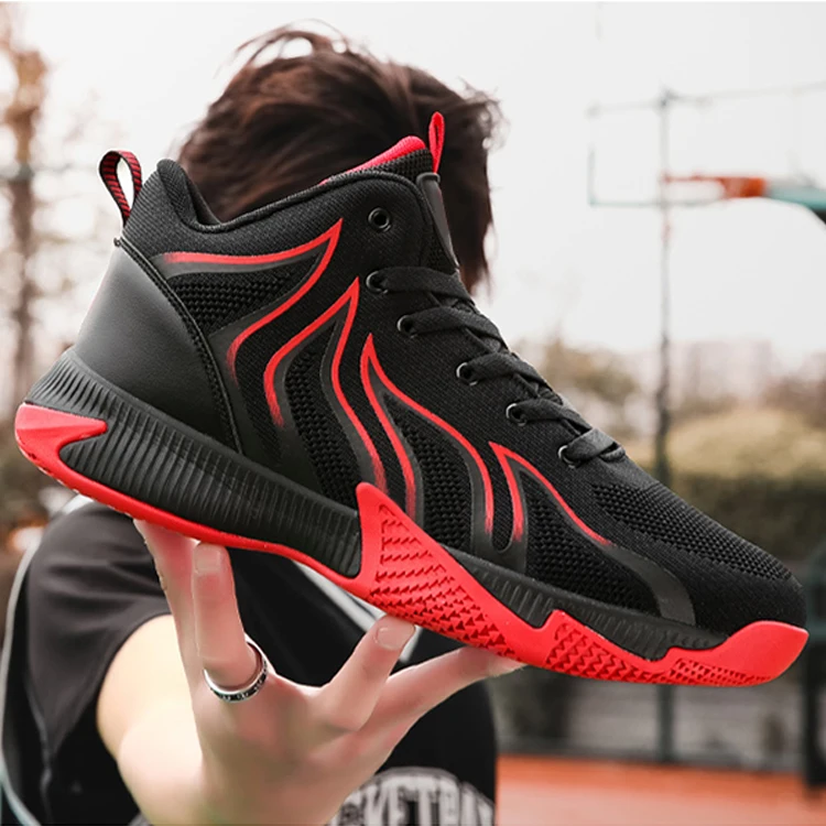 

Chinese Red Airy Fly-Knitting Mens Running Shoes Athletic Shoes Basketball Style Male Shoes for Men, Black & red