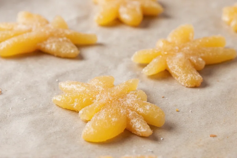 Homemade candied ginger pieces coated in sugar on parchment paper