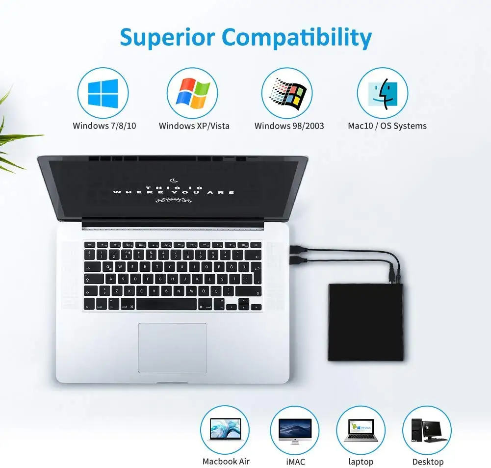 
Raycue USB 2.0 Portable Drive Rewriter Slim External CD DVD Player 