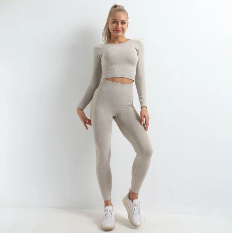 

2021 Wish Female Fall Winter Knitted Hip Lifting Elastic Fitness Seamless Sports Yoga Three Piece Suit, As picture