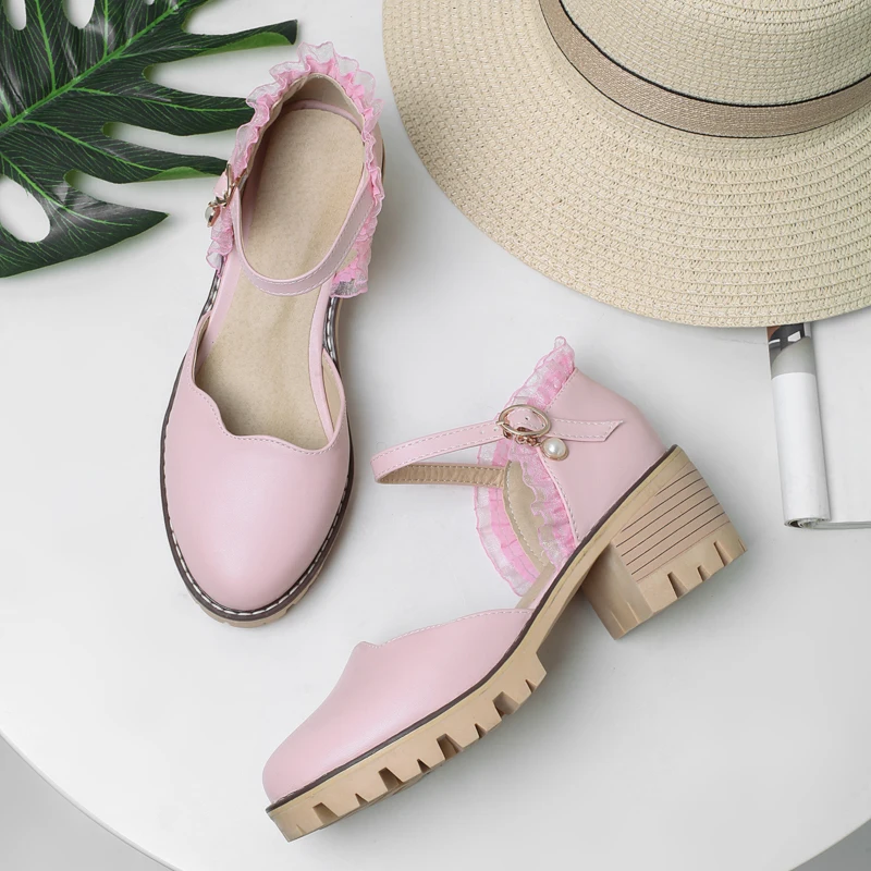 

Summer Ruffles Women Thick High Heels Ankle Strap Casual Shoes, Pink/white/ecru