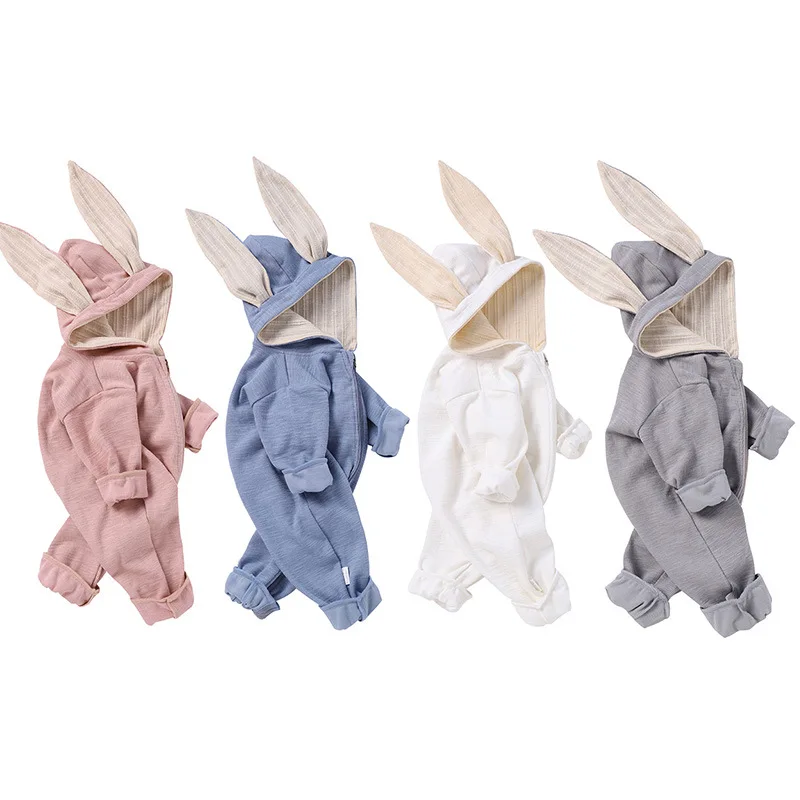 

Hot sale infant big ear rabbit hooded zipper romper baby clothes romper, As pictures