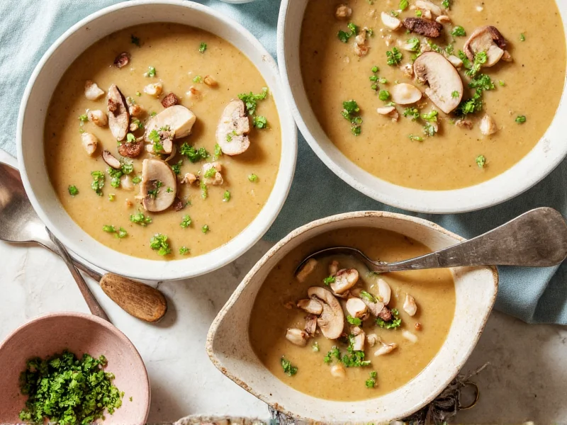 Mushroom soup variations with wild mushrooms and herbs