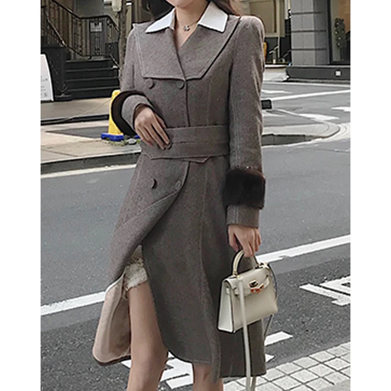 

New Fashion Long Style Belt Coat Ladies Skinny Winter Plus Size Coats Women Woolen Coat with Mink Fur Cuffs