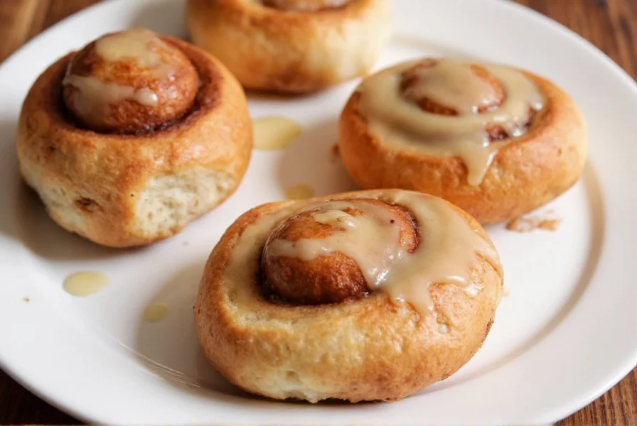 Freshly baked cinnamon buns arranged on vintage plate with coffee cup