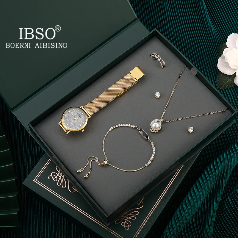 

IBSO Watch Set For Women Fashion Jewelry Necklace Sets Watches Simple Stainless Steel Mesh Belt Quartz Watch Valentine's Gift