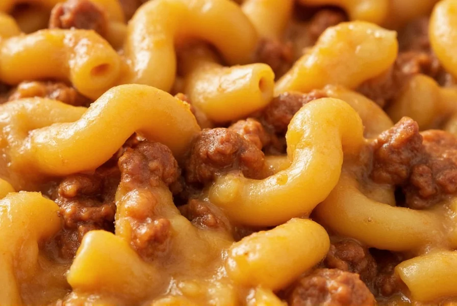 Close-up of Steak and Shake Chili Mac showing the texture of macaroni pasta mixed with meaty chili and melted cheese