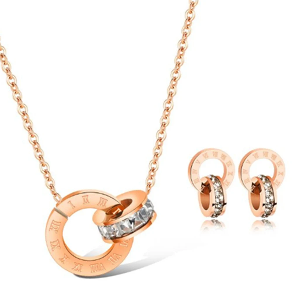 

Elegant Shining Circle Stainless Steel Zircon Women Necklace Earring Jewelry Set, Rose gold,customized color