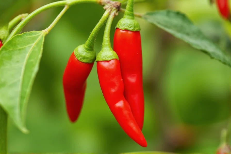 Close-up photograph of fresh cha cha chilies on plant showing vibrant red color and tapered shape