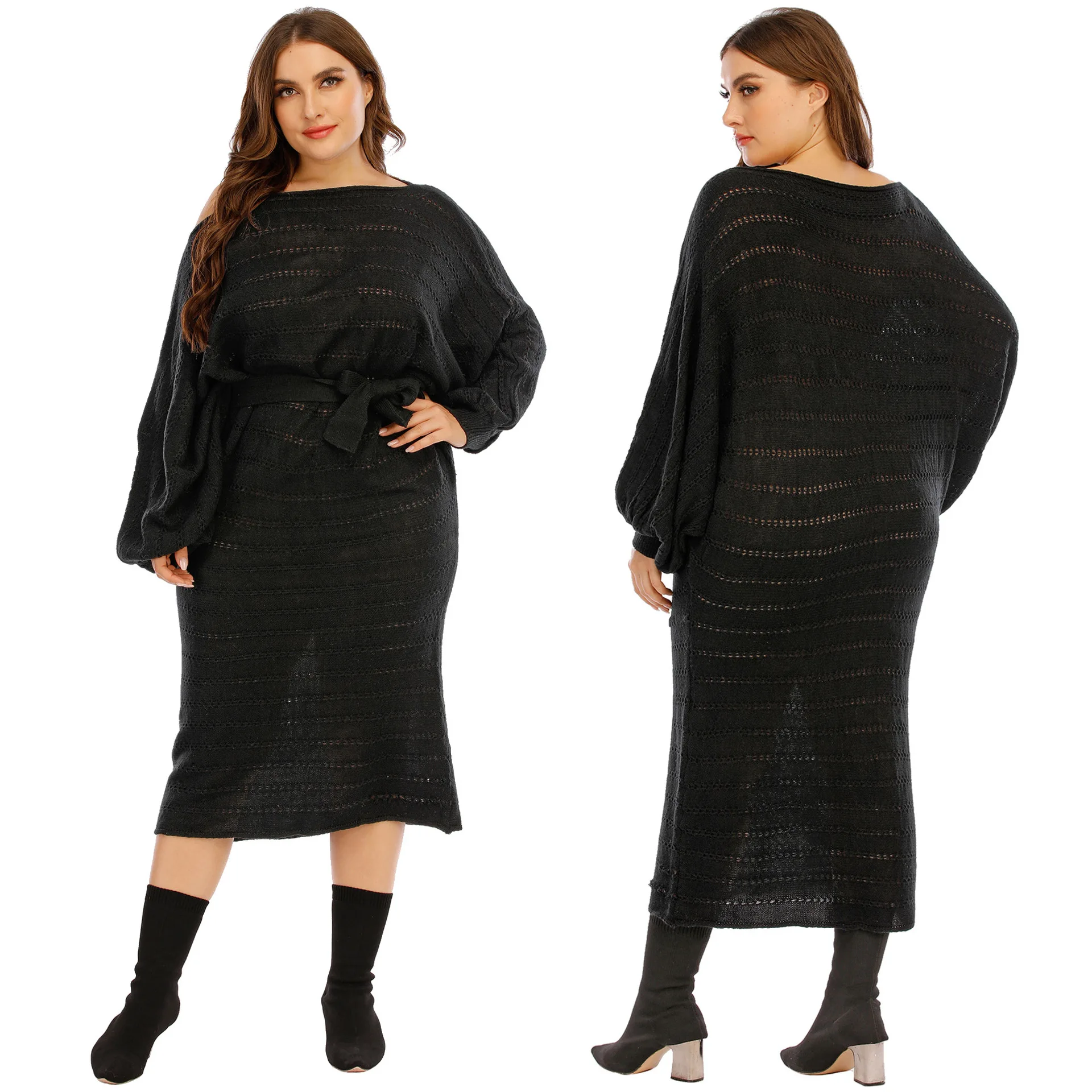 

Women Plus size hollow out dress batwing Fare sleeve slash neck mid-length dress, As photo shown