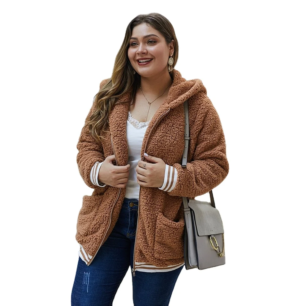 

2021 winter new plush women coat solid color zipper hooded plus size women's jacket, 1colors