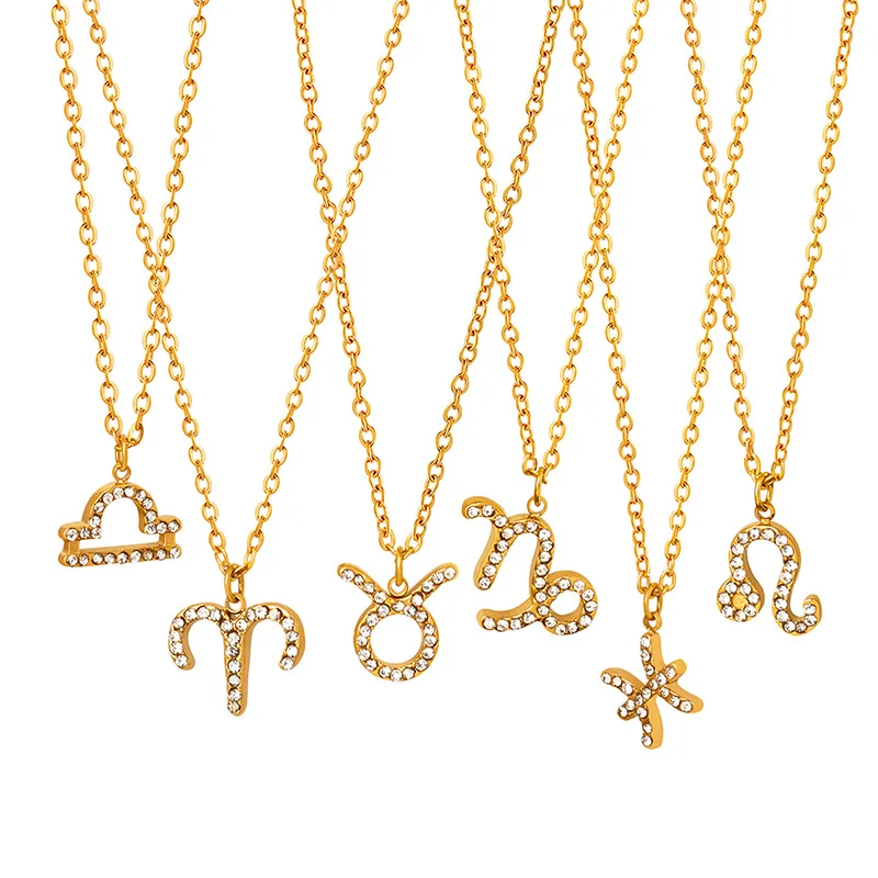 

Wholesale Customized Stainless Steel Crystal Jewelry Gold Plated Adjustable Zodiac Rhinestone Pendant Necklace