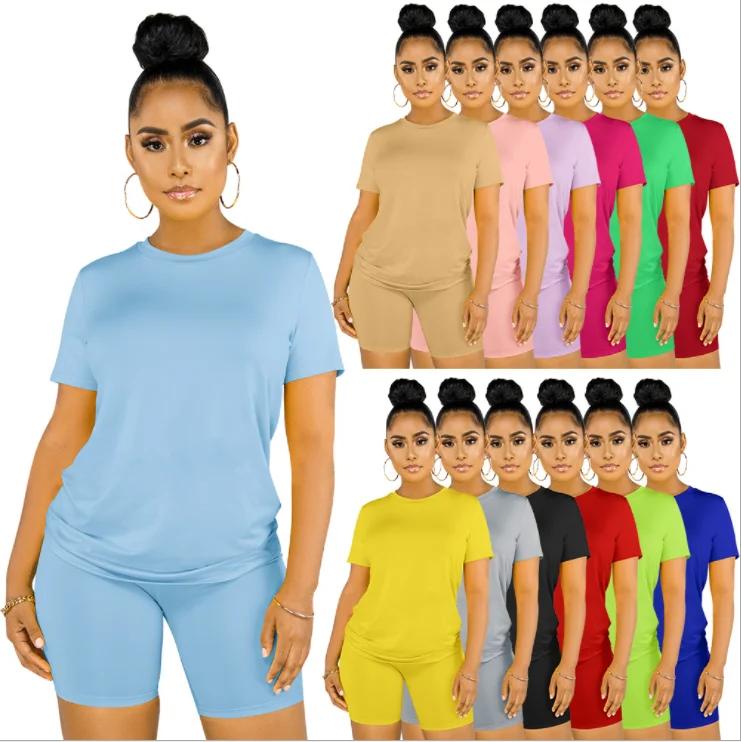 

2021 Hot Sale Custom logo Women Clothing over size solid Short Sleeves Shorts Set Casual 2 Piece Women Outfit