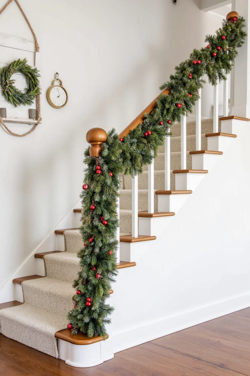 Fabric felt garland hanging on staircase