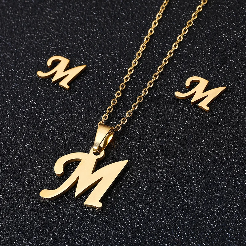 

New Fashion Stainless Steel Jewelry 18K Gold Plated A-Z 26 Initial Letters Alphabet Pendant Necklace Earring Sets For Women 2021, Gold, silver