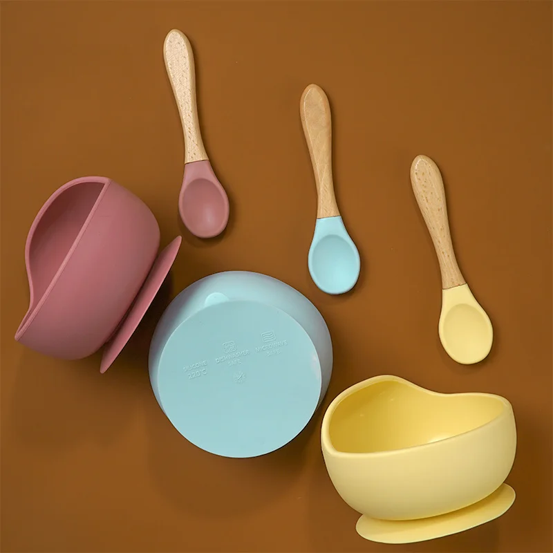 

Multicolor Silicone Baby Suction Bowl Eco-friendly Silicone Spoon With Wooden Handle New Product Silicone Bowl, Customized color