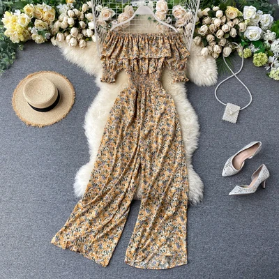 

2020 Summer Women Fashion Floral Printed High Elastic Waist Long Jumpsuits