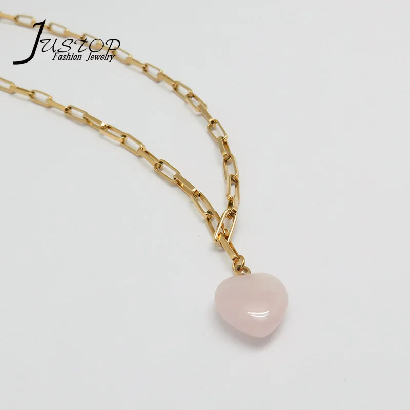 

Stainless Steel 18k Gold Plated Chain Rose Quartz Heart Pink Stone Necklaces, As picture