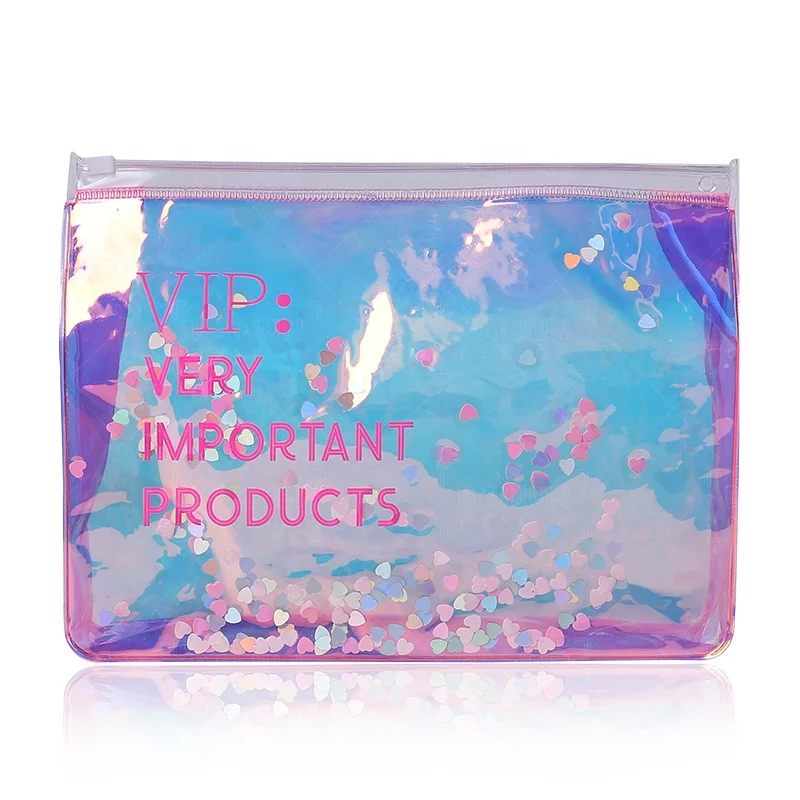 

Custom Logo Personalized Transparent Holographic Fashion Cosmetic Bag, Portable PVC Travelling Zipper Small Makeup Pouch Bags, Customized color