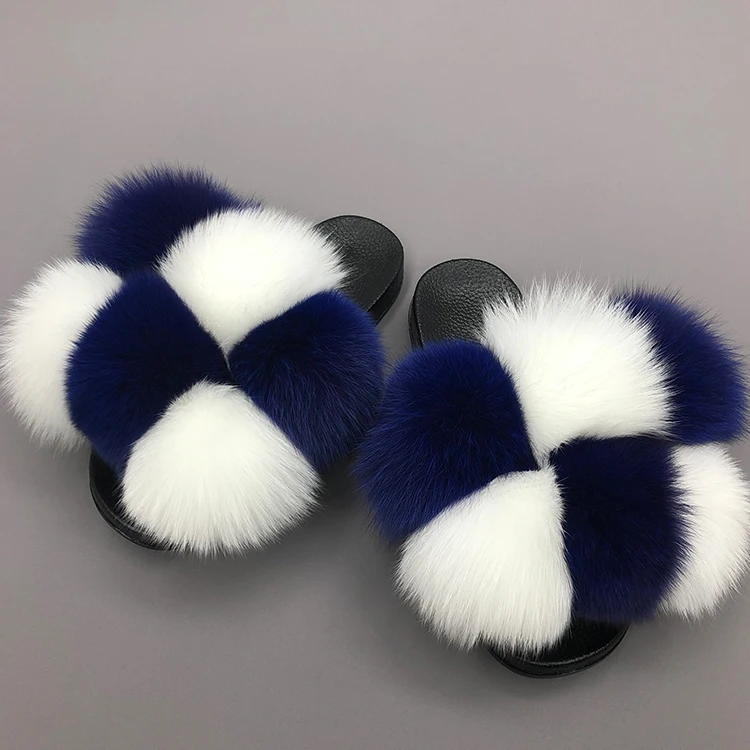 

Fashion summer woman female pom pom real fox fur slippers fluffy furry ladies fur slides, Customized color