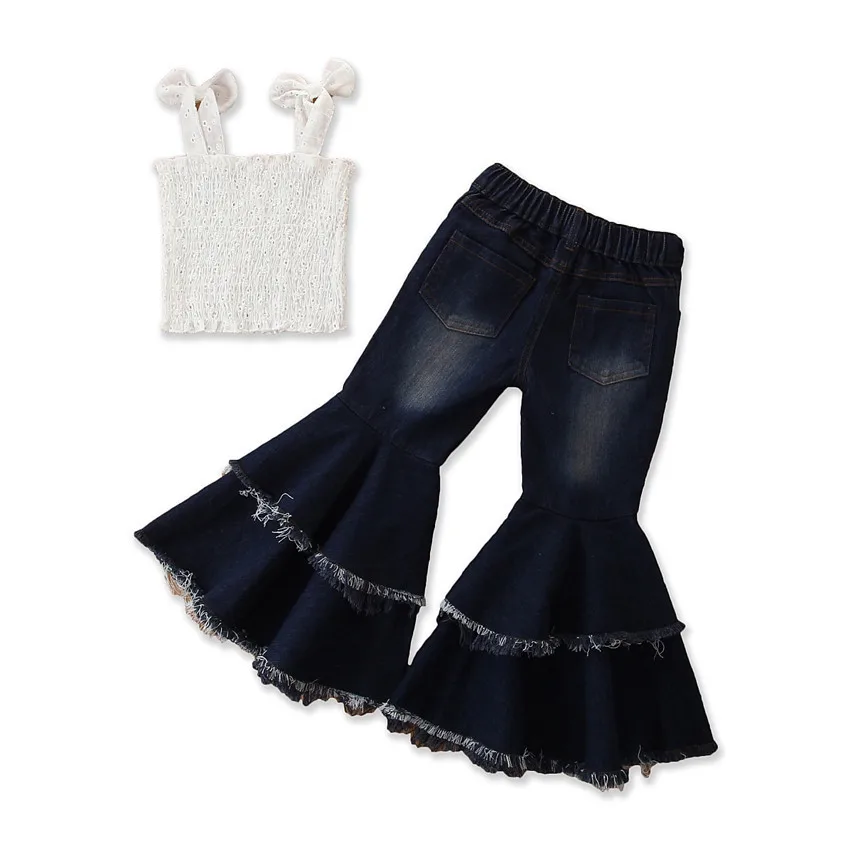 

Hot Sale Summer Kids Little Girl Clothes Girls White Suspenders Tutu Top Denim Flare Pants Sets