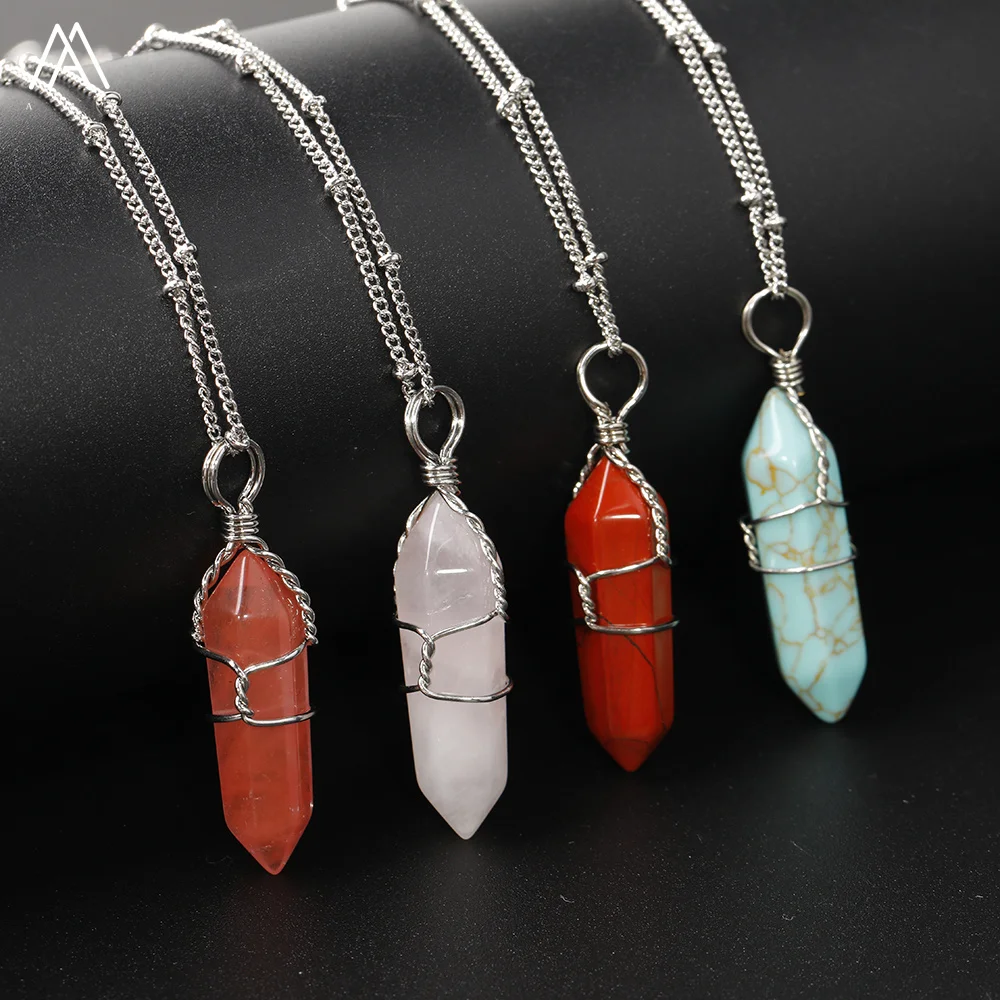 

Classic Stone Hexagon Point Pendant Wire Wrapped Silver Chain Necklace