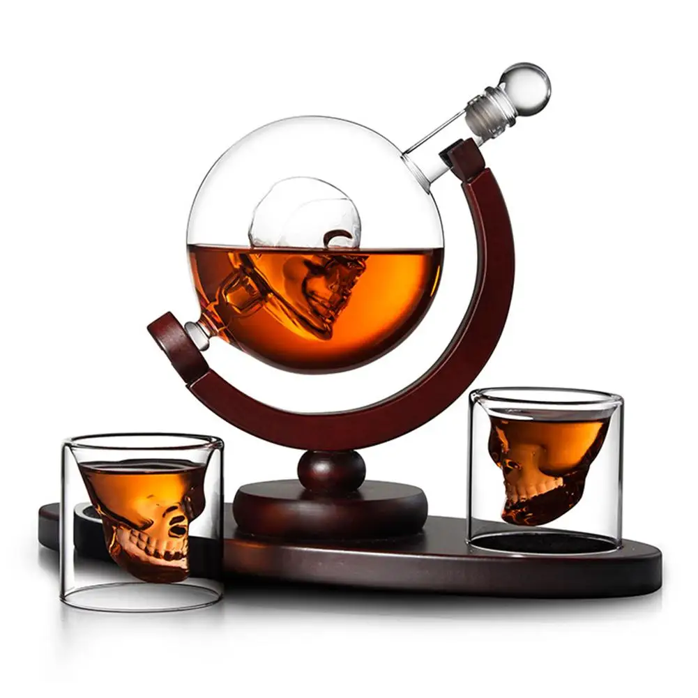

Whiskey Decanter Set Skull Vodka Globe Decanter With 2 Glasses Liquor Dispenser With Wood Stand
