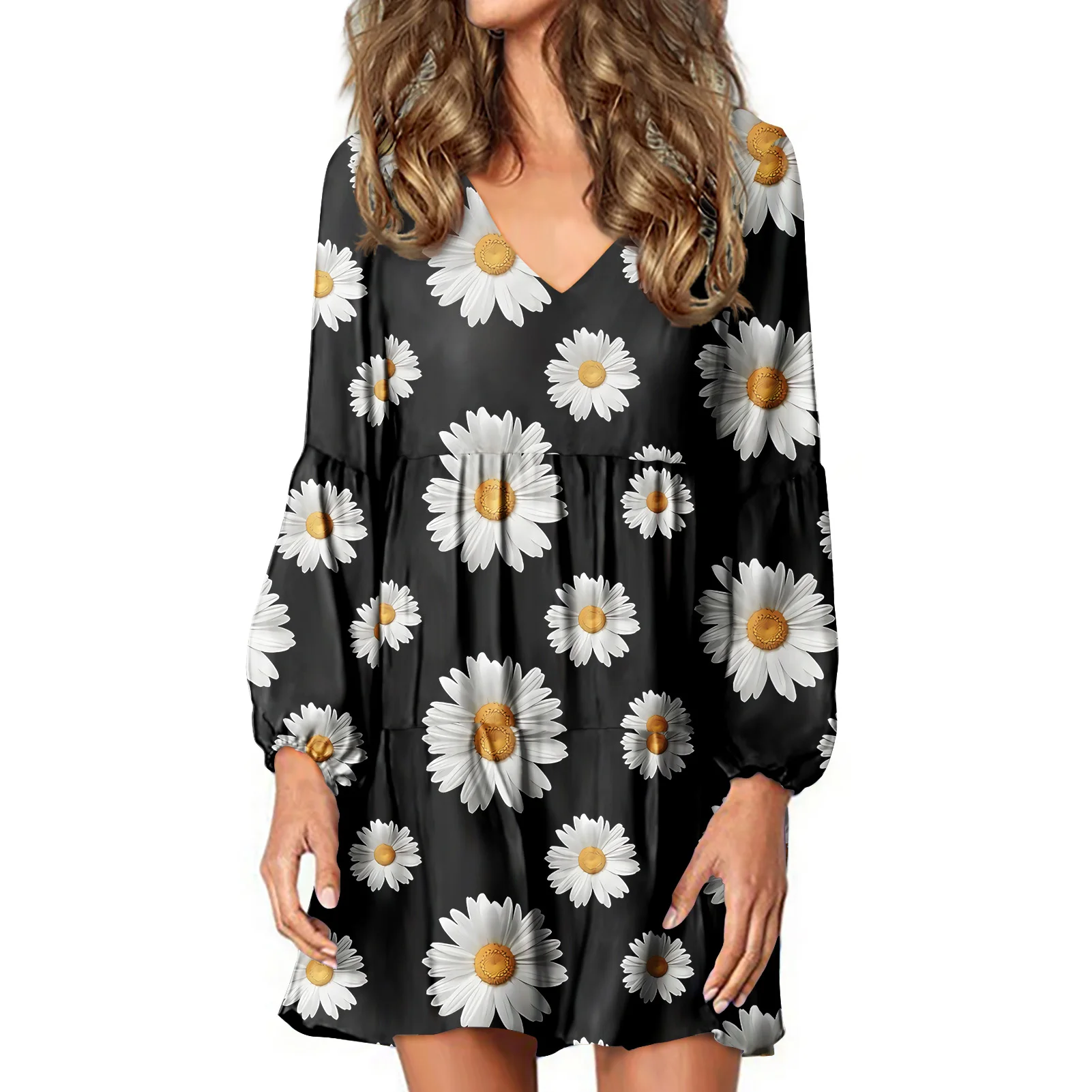 

2021 New Arrivals Women Summer Dress V-neck Printing Custom Loose Style Lantern Sleeves Mini Dresses Plus Size