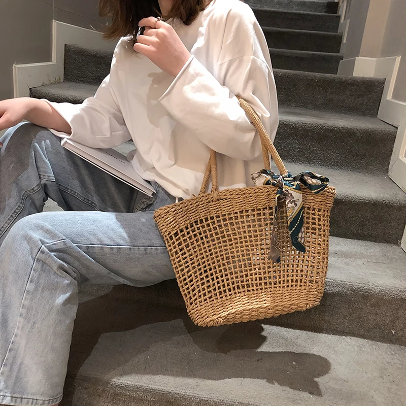 

Design Fishing Net Hollow Woven Handbags Ladies Summer Straw Bag Handmade Vacation Beach Bag Shoulder Handbag, As picture