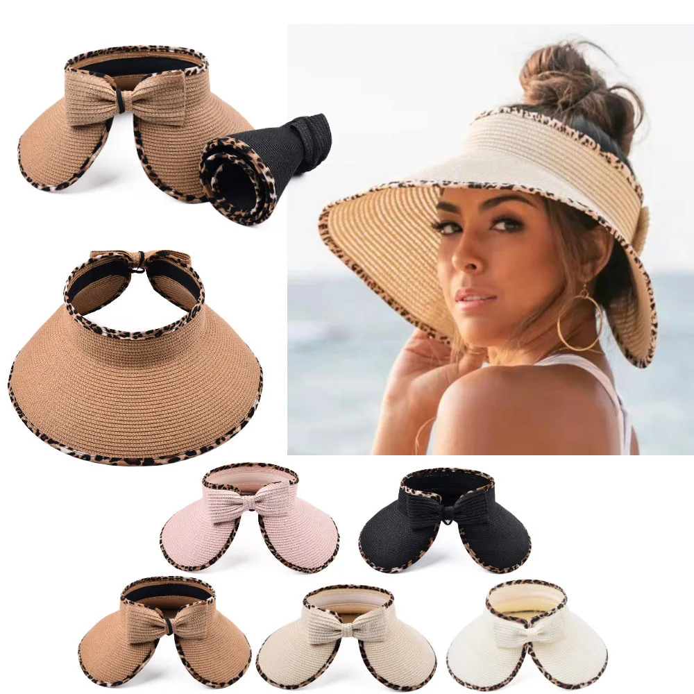 

Foldable Leopard Trim Sun Protection Women Empty Top Hat Shade Summer Straw Hat Sun Visor Cap Packable