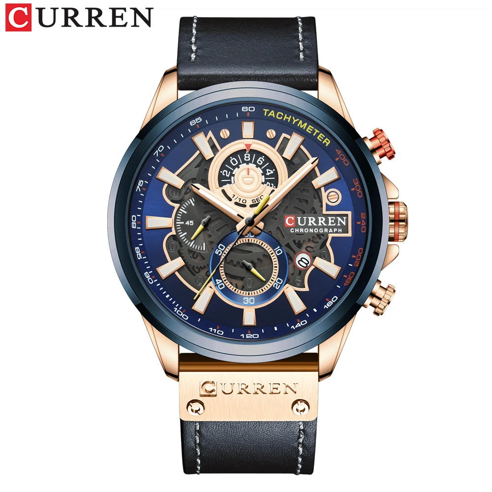 

Curren 8380 wholesale blue mens quartz watch 2019 Genuine Leather Strap water proof date display storage casual watch set