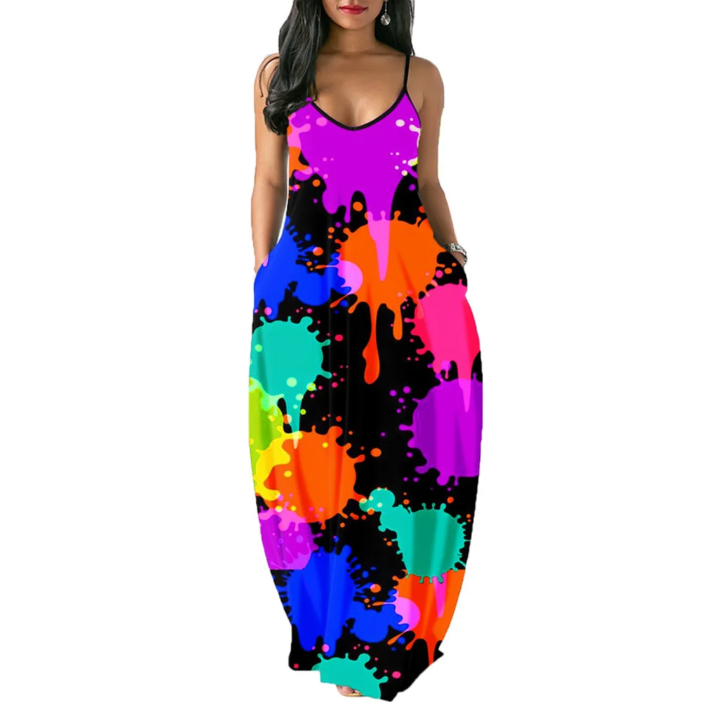 

Wholesale Summer V-Neck Sleeveless Slip Backless Flower Beach Girls Long Dresses With Pockets, Picture color