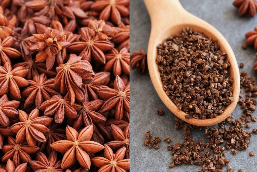 Side-by-side comparison of whole star anise and anise seeds