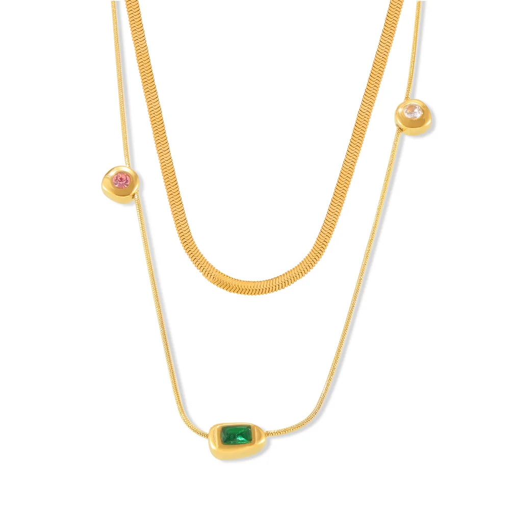 Tricolor Glass Stone Pendant Clavicle Chain Female Light Luxury Small Overlap Wind Titanium Steel Plated 18k Gold Jewelry